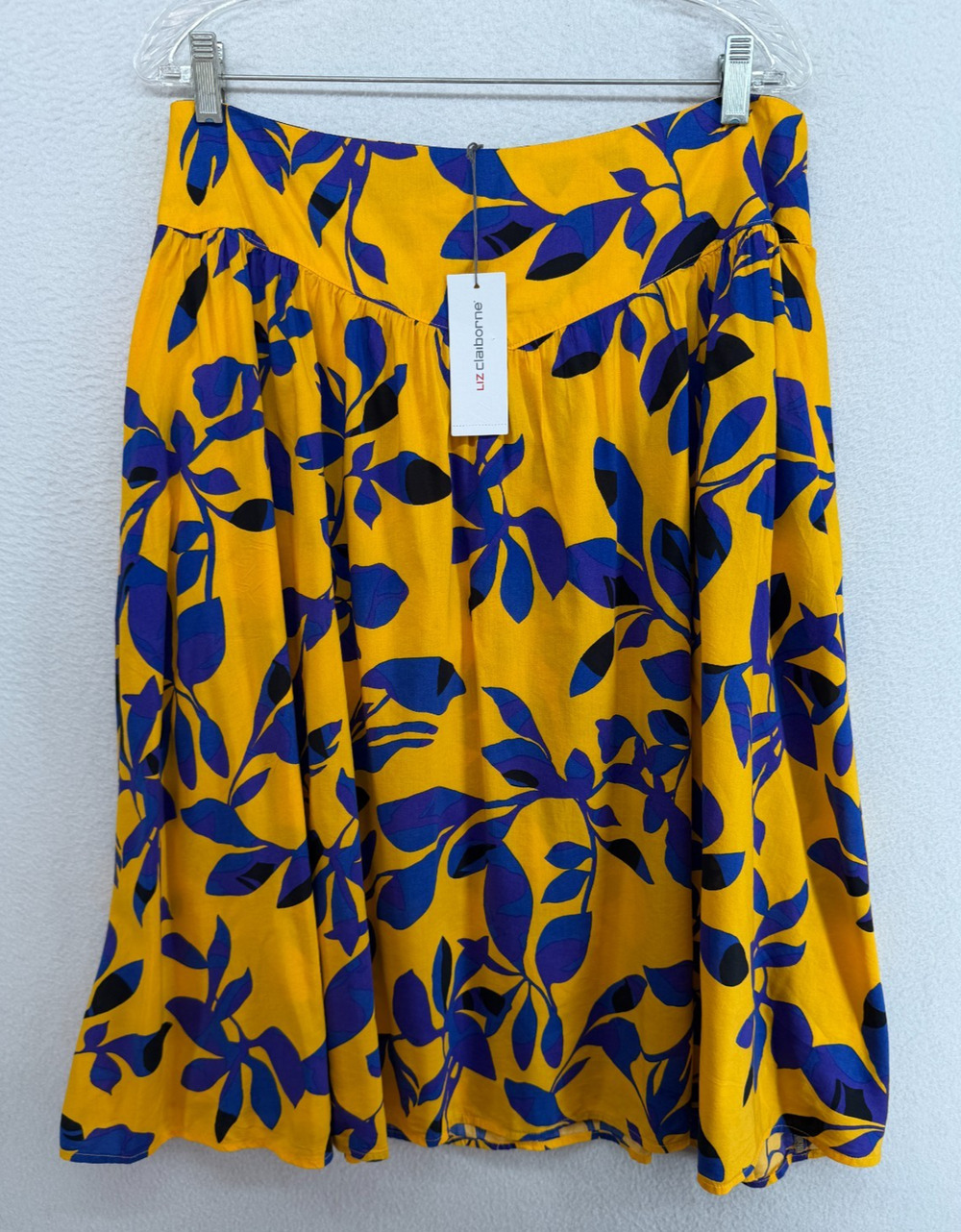 LIZ CLAIBORNE Skirt 10P Petite Floral Shirred A-Line Cotton Modal Yellow NEW